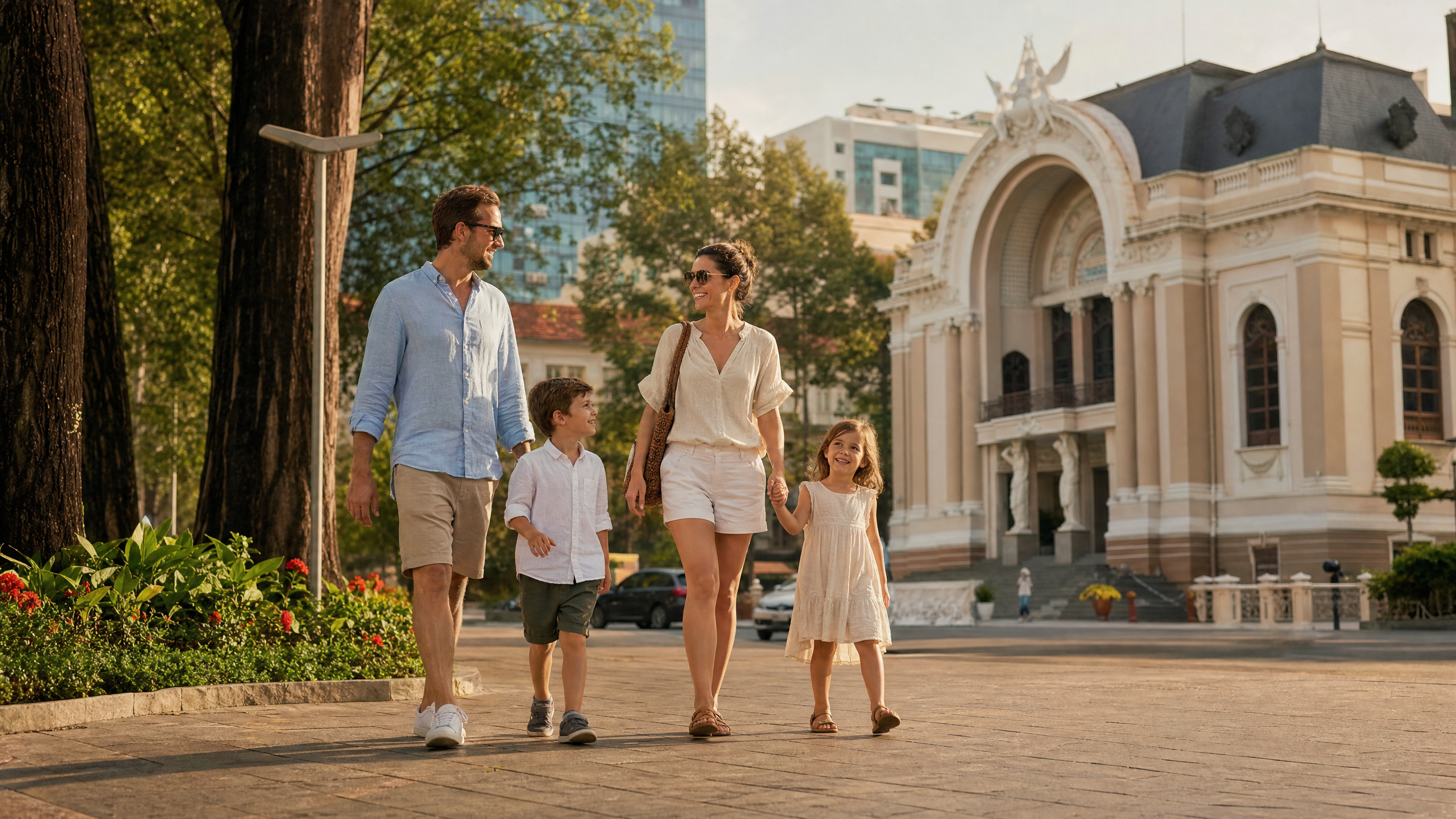 Expat family walking along a leafy boulevard in District 1, Ho Chi Minh City