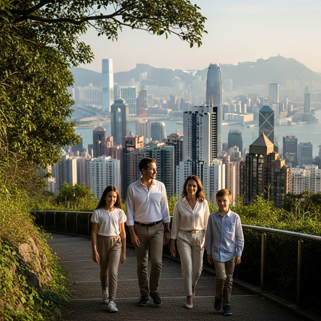 Western expat family on Victoria Peak with Hong Kong skyline
